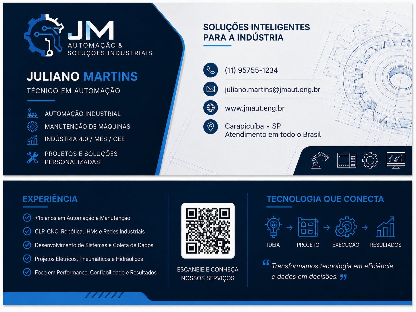 Cartão de apresentação da JM Automação e Soluções Industriais